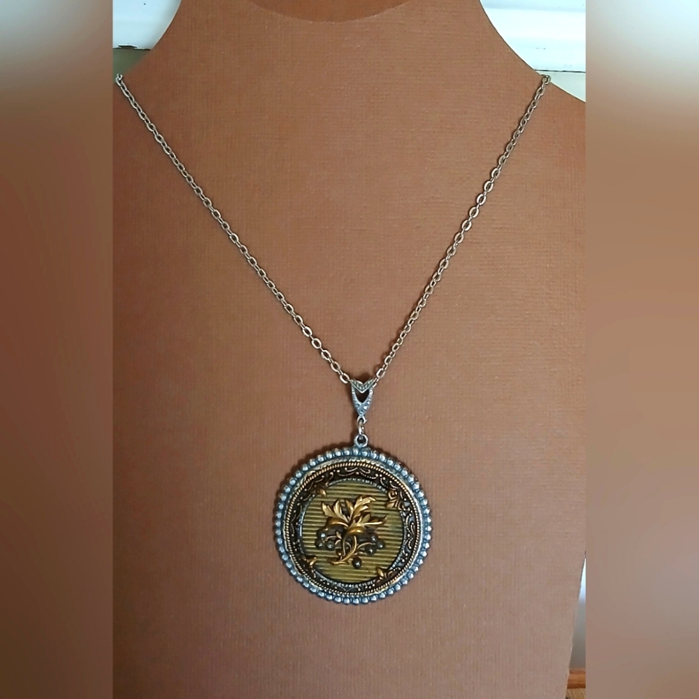 Antique Steel Cut Rivet Button Necklace, Oxidized Silver, Victorian Boho Western
